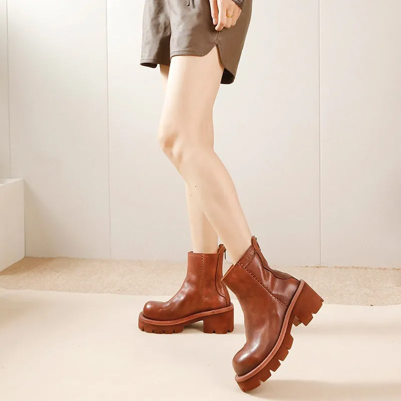 Classic Round-Toe Platform Chelsea Leather Ankle Boots for Women with Zipper in College Style