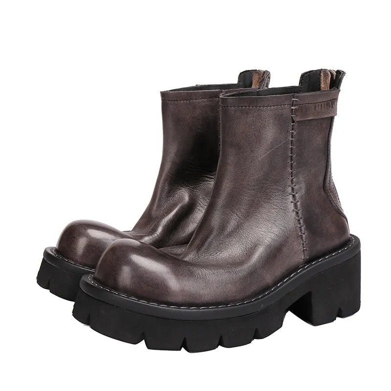 Classic Round-Toe Platform Chelsea Leather Ankle Boots for Women with Zipper in College Style