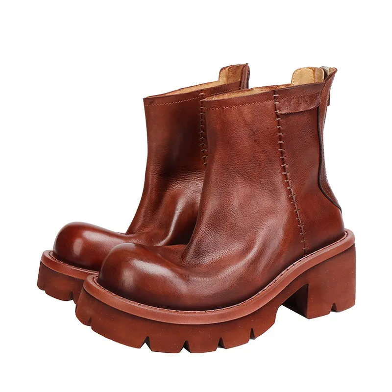 Classic Round-Toe Platform Chelsea Leather Ankle Boots for Women with Zipper in College Style