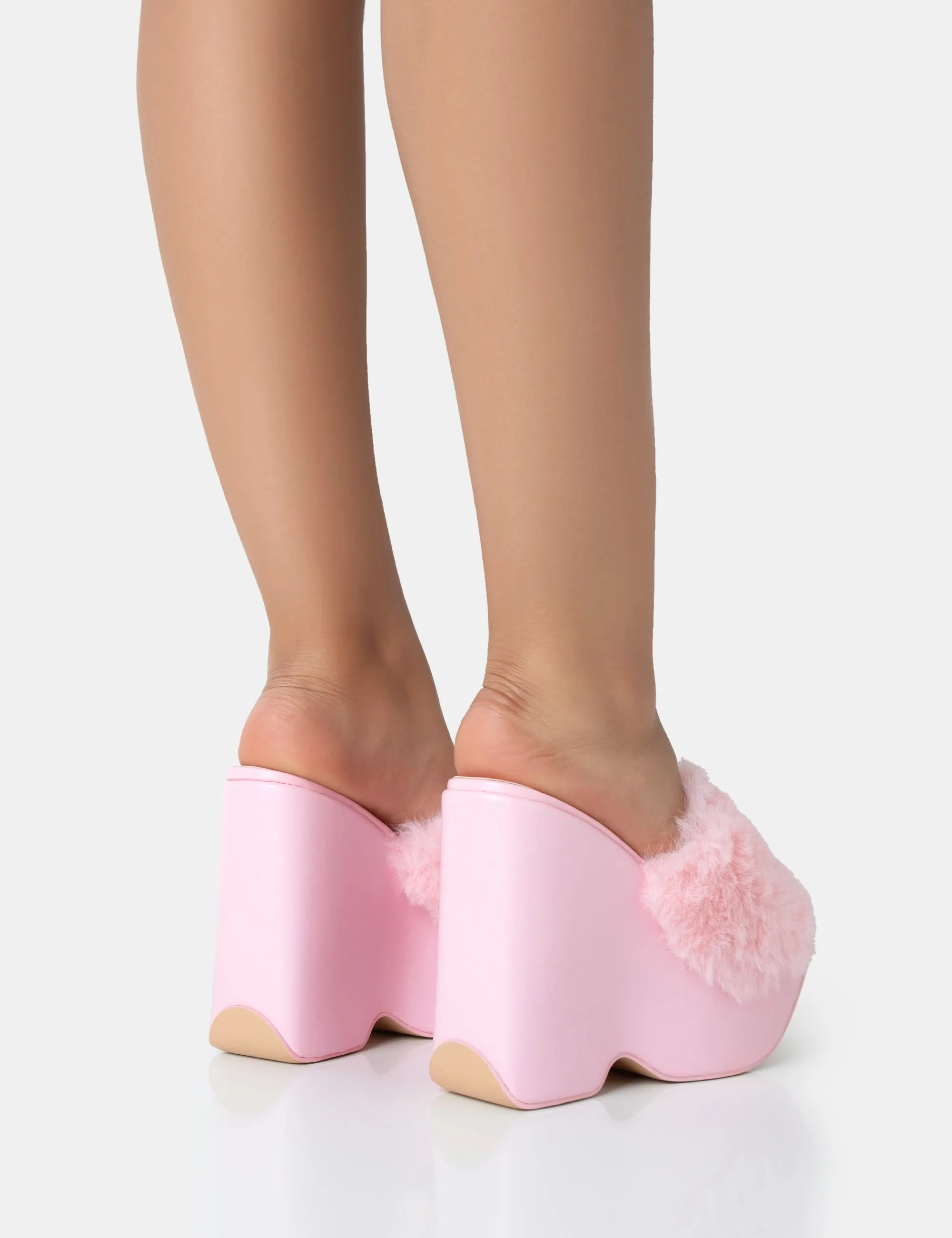 Cutie Pink Faux Fur Platform Wedge Heels