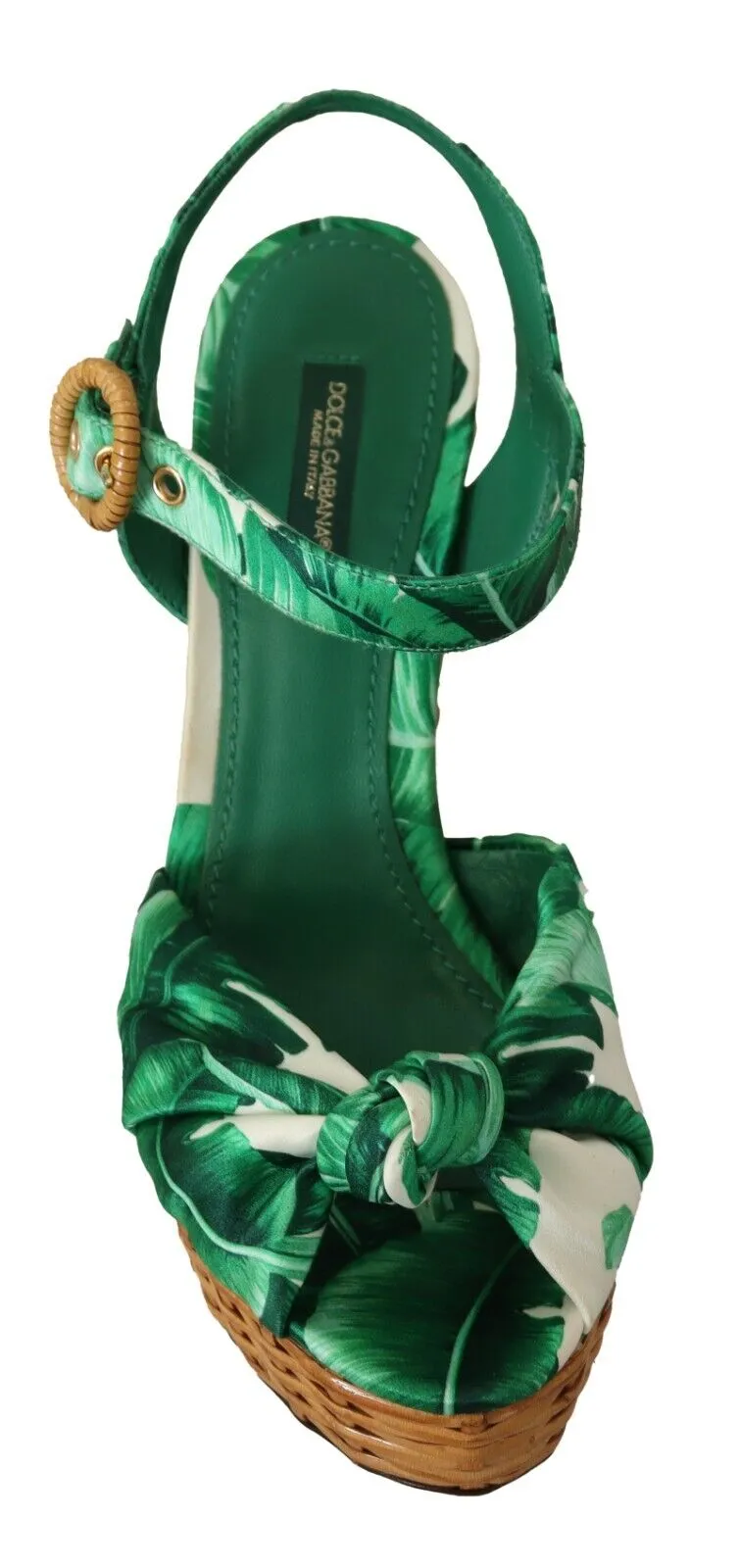 Dolce & Gabbana Green Leaves Ankle Strap Wedge  Sandals Shoes