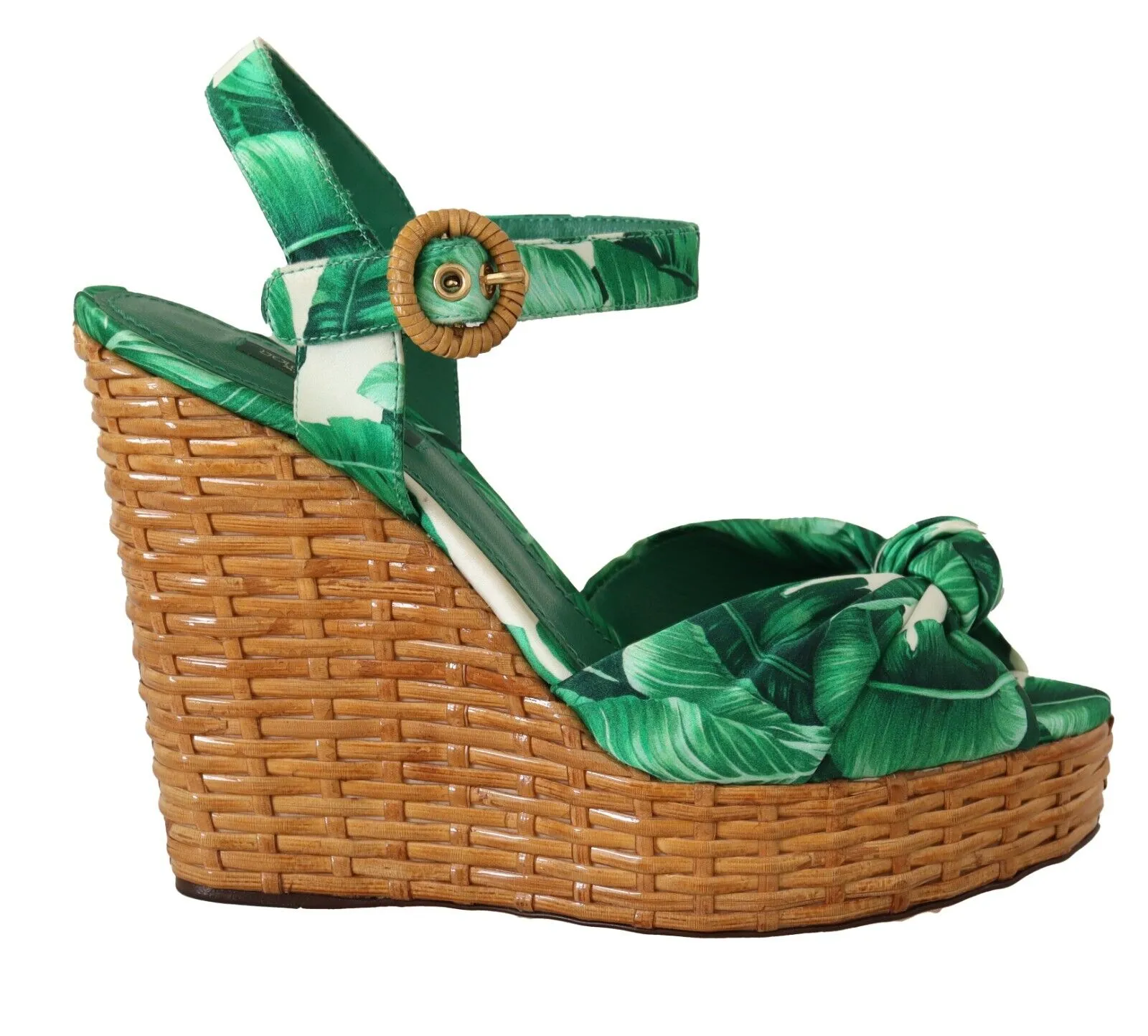 Dolce & Gabbana Green Leaves Ankle Strap Wedge  Sandals Shoes