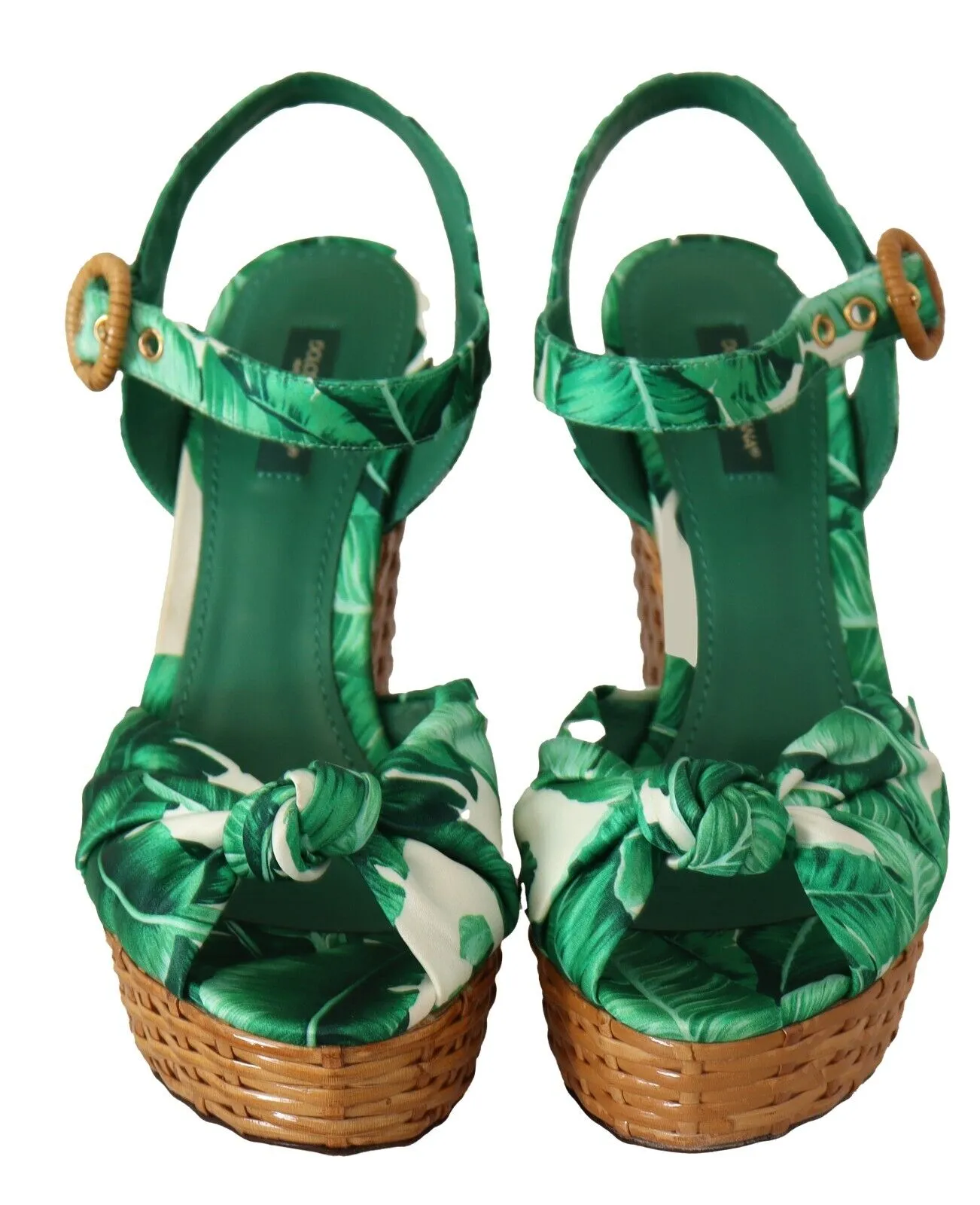 Dolce & Gabbana Green Leaves Ankle Strap Wedge  Sandals Shoes