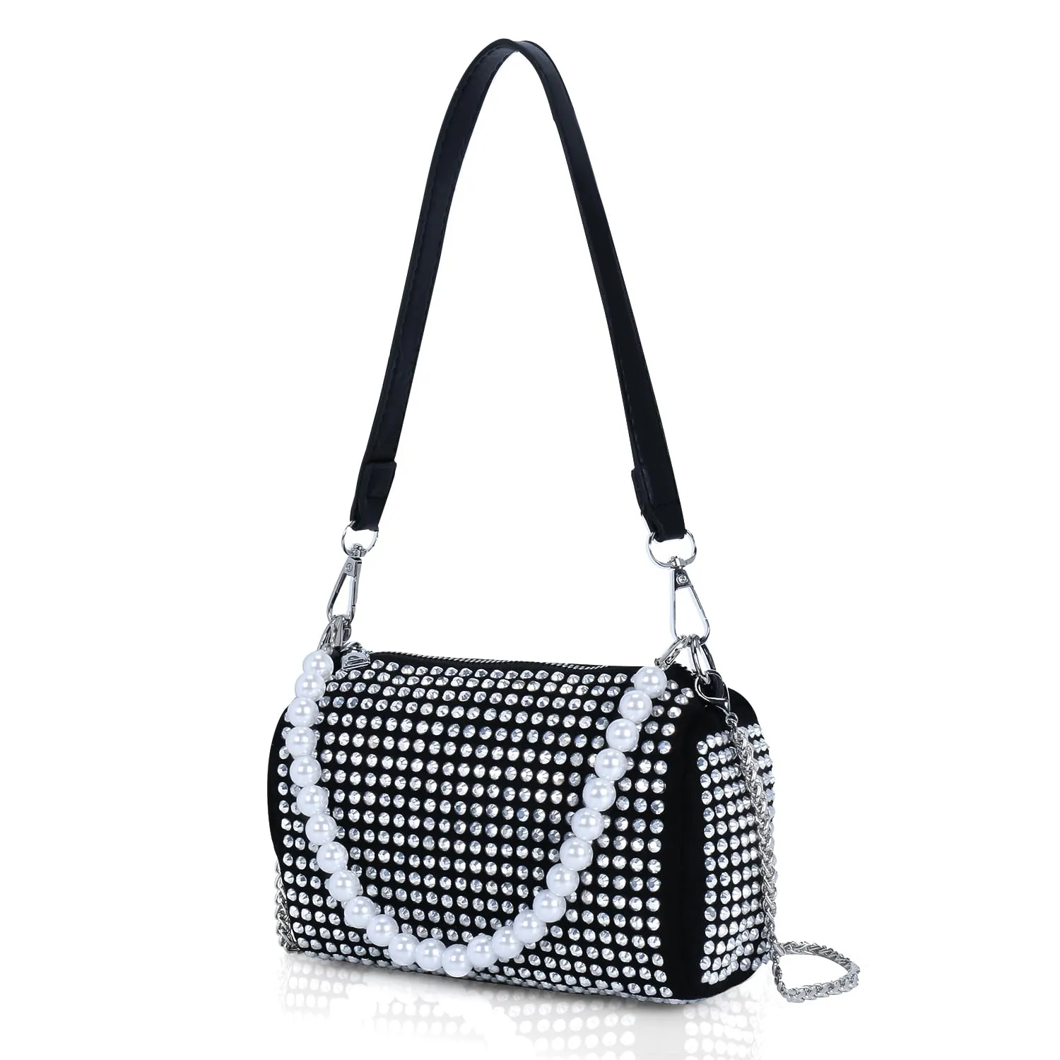 DOSYSO Crossbody sling Bag with Chain strap side Bag Evening Clutch Pearl Handle Designer Handbags for Women Stylish Latest Girls Glitter Ladies Stone Purse Wallet for Party Wedding (SILVER)