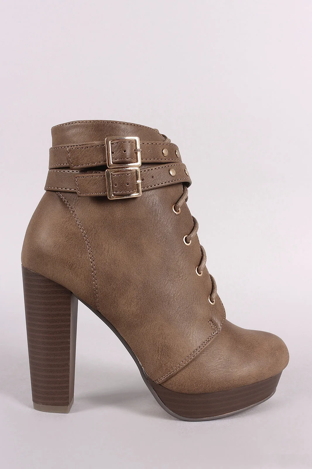 Double Buckled Lace-Up Combat Chunky Platform Booties