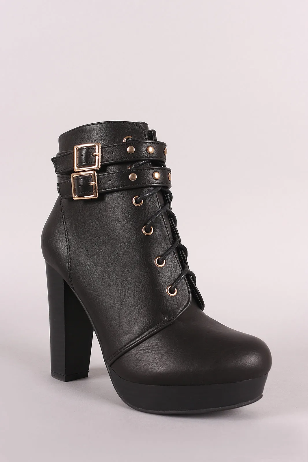 Double Buckled Lace-Up Combat Chunky Platform Booties