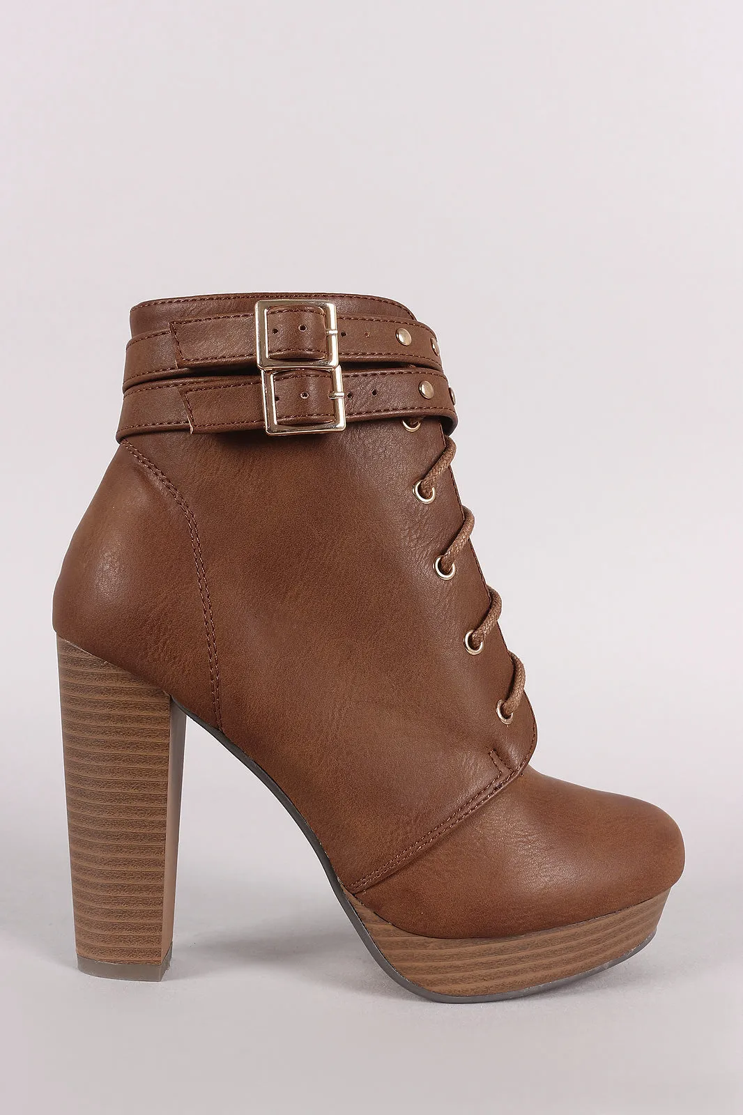 Double Buckled Lace-Up Combat Chunky Platform Booties