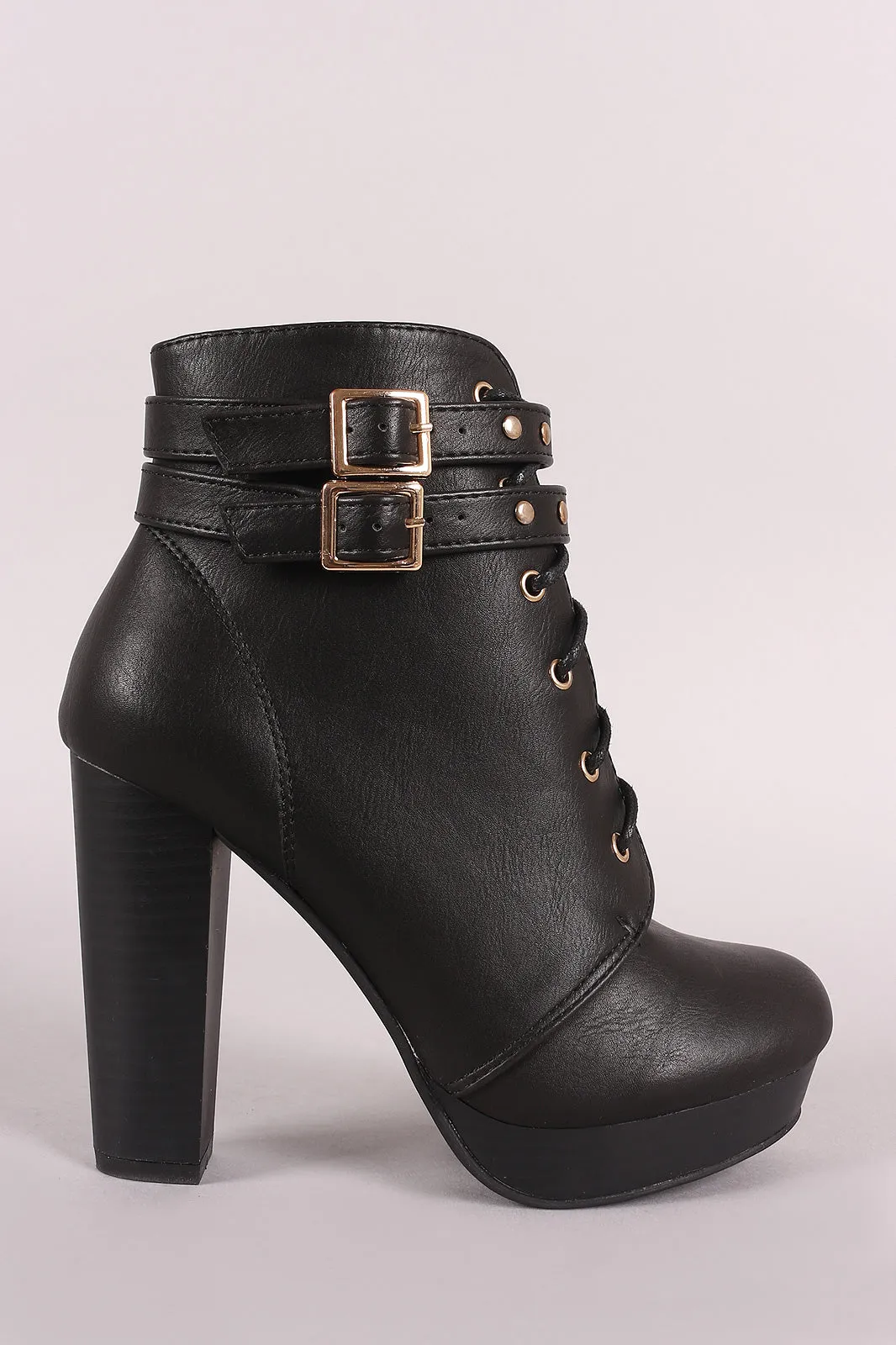 Double Buckled Lace-Up Combat Chunky Platform Booties