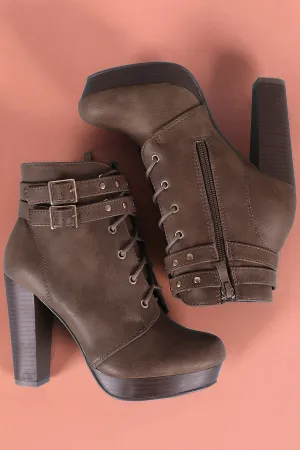 Double Buckled Lace-Up Combat Chunky Platform Booties