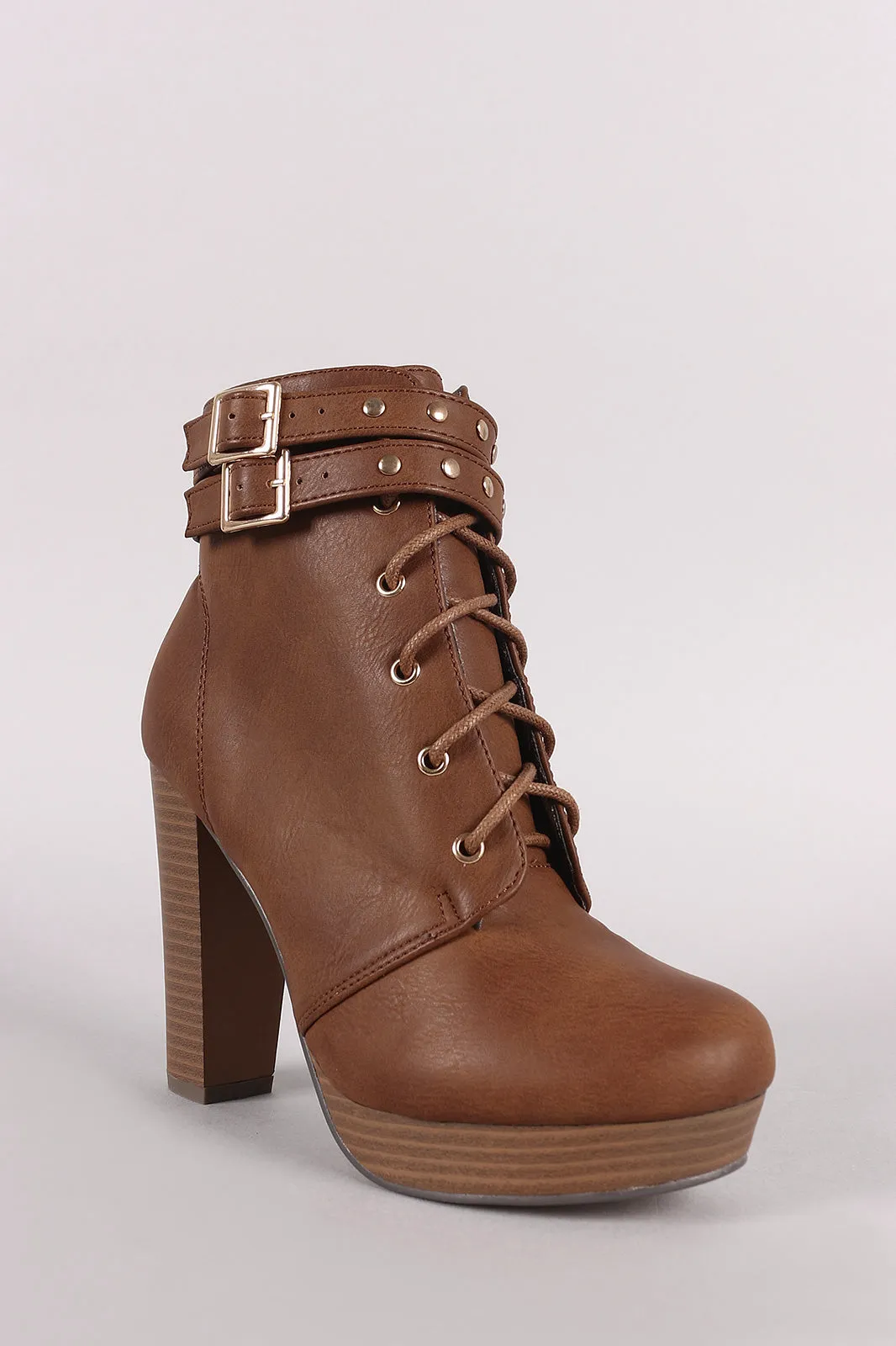 Double Buckled Lace-Up Combat Chunky Platform Booties