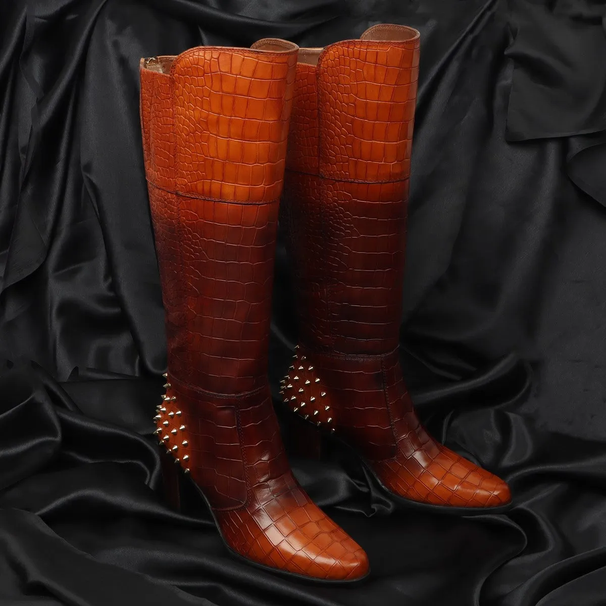 Dual Tone Tan-Brown Deep Cut Croco Leather knee Length Ladies Zipper Boots by Brune & Bareskin