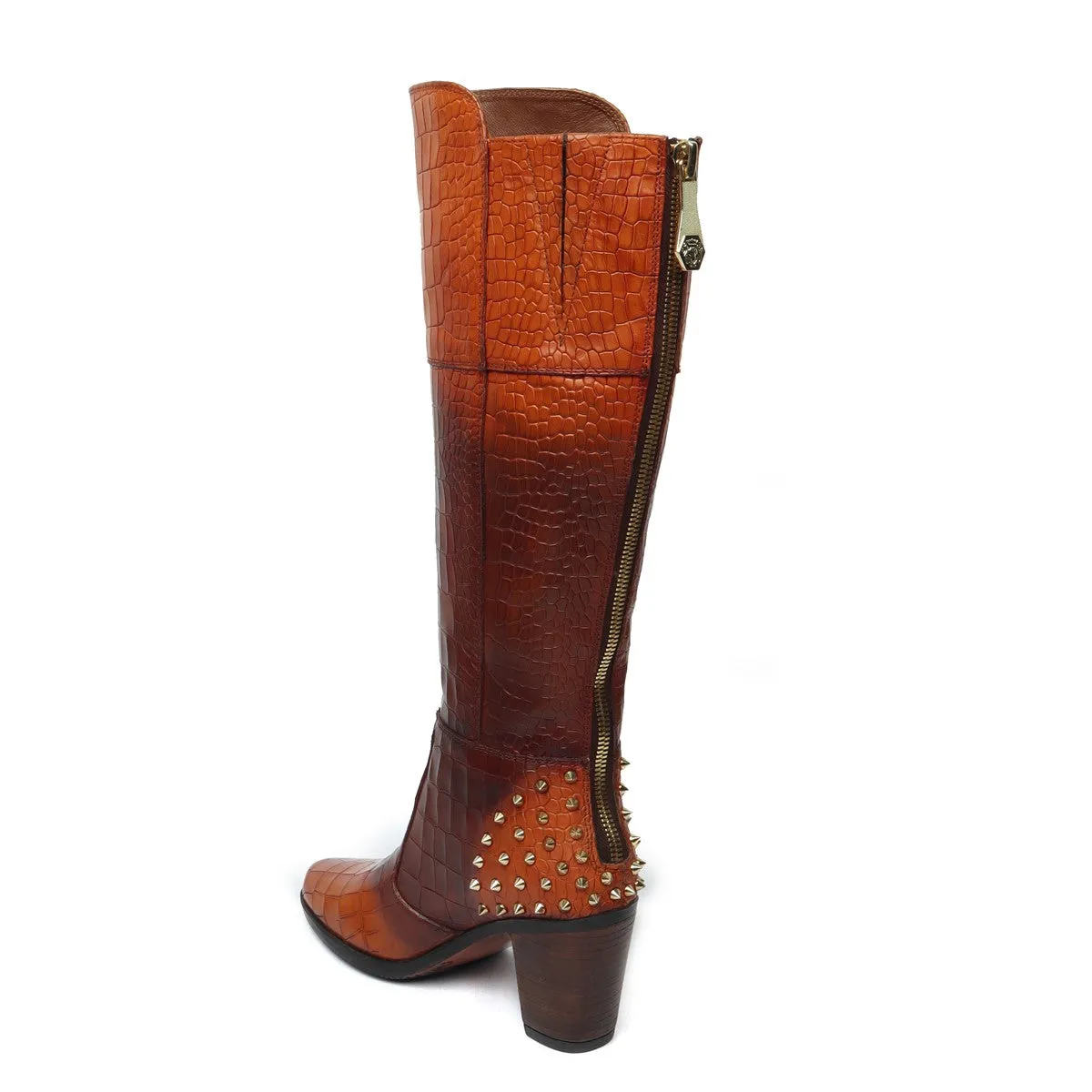 Dual Tone Tan-Brown Deep Cut Croco Leather knee Length Ladies Zipper Boots by Brune & Bareskin