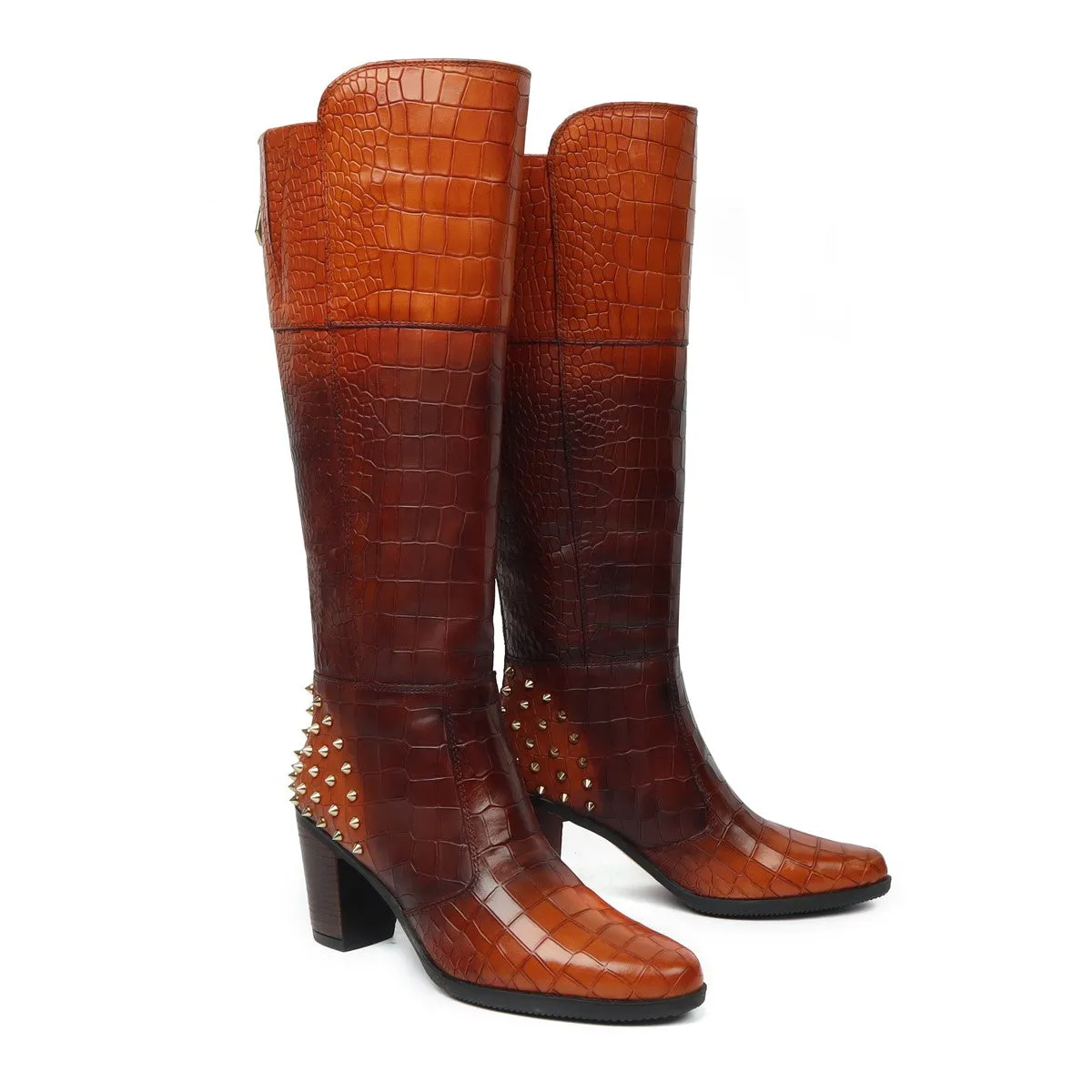 Dual Tone Tan-Brown Deep Cut Croco Leather knee Length Ladies Zipper Boots by Brune & Bareskin