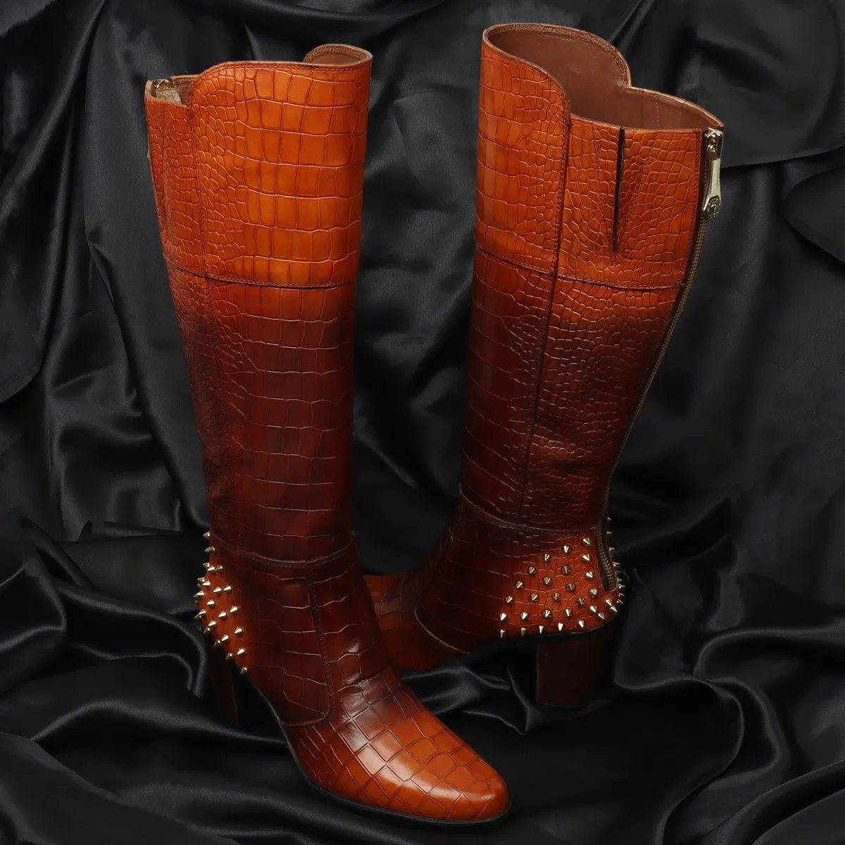 Dual Tone Tan-Brown Deep Cut Croco Leather knee Length Ladies Zipper Boots by Brune & Bareskin