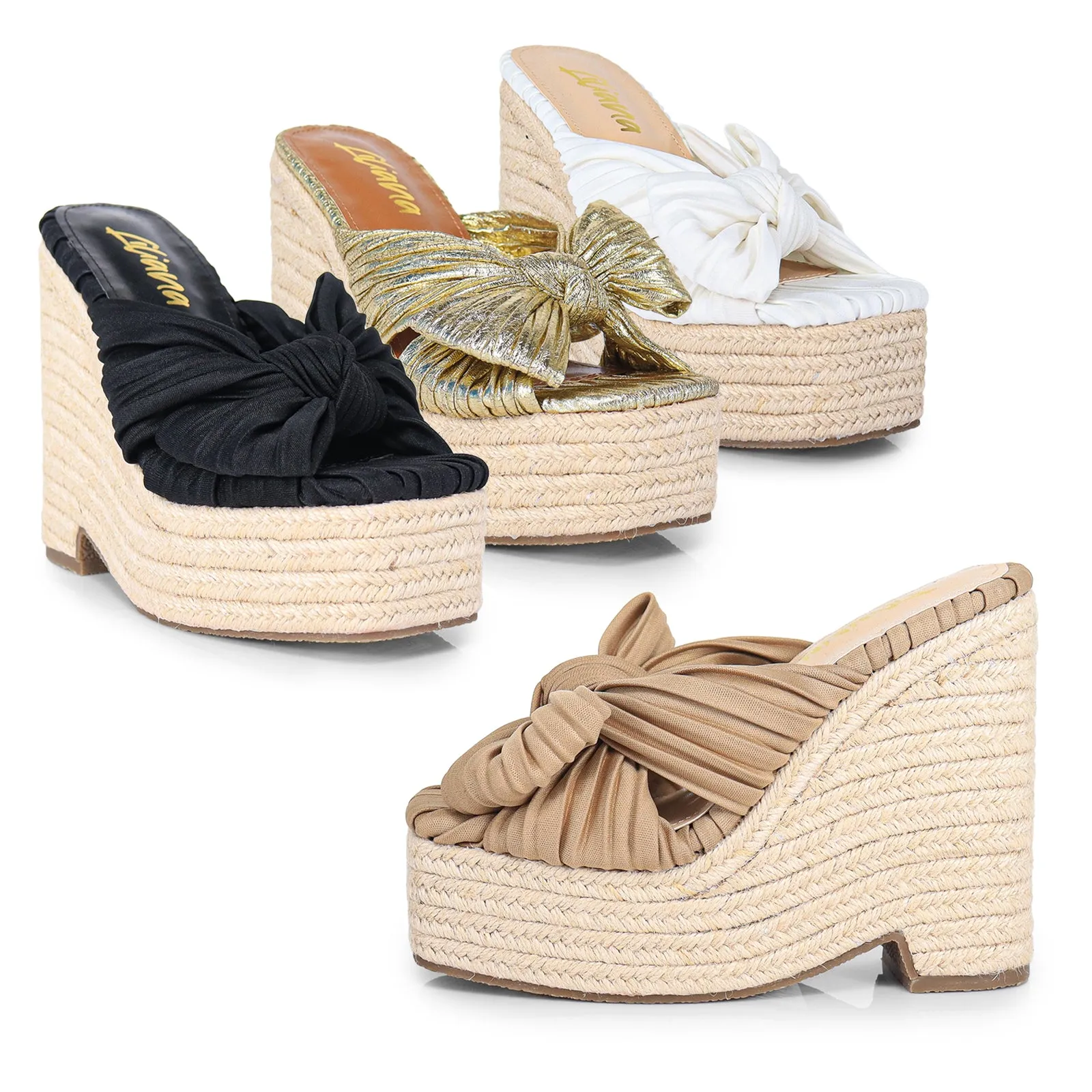 ELLY-1 PLEATED BOW SANDAL W/ ESPADDRILLE WEDGE - WHITE