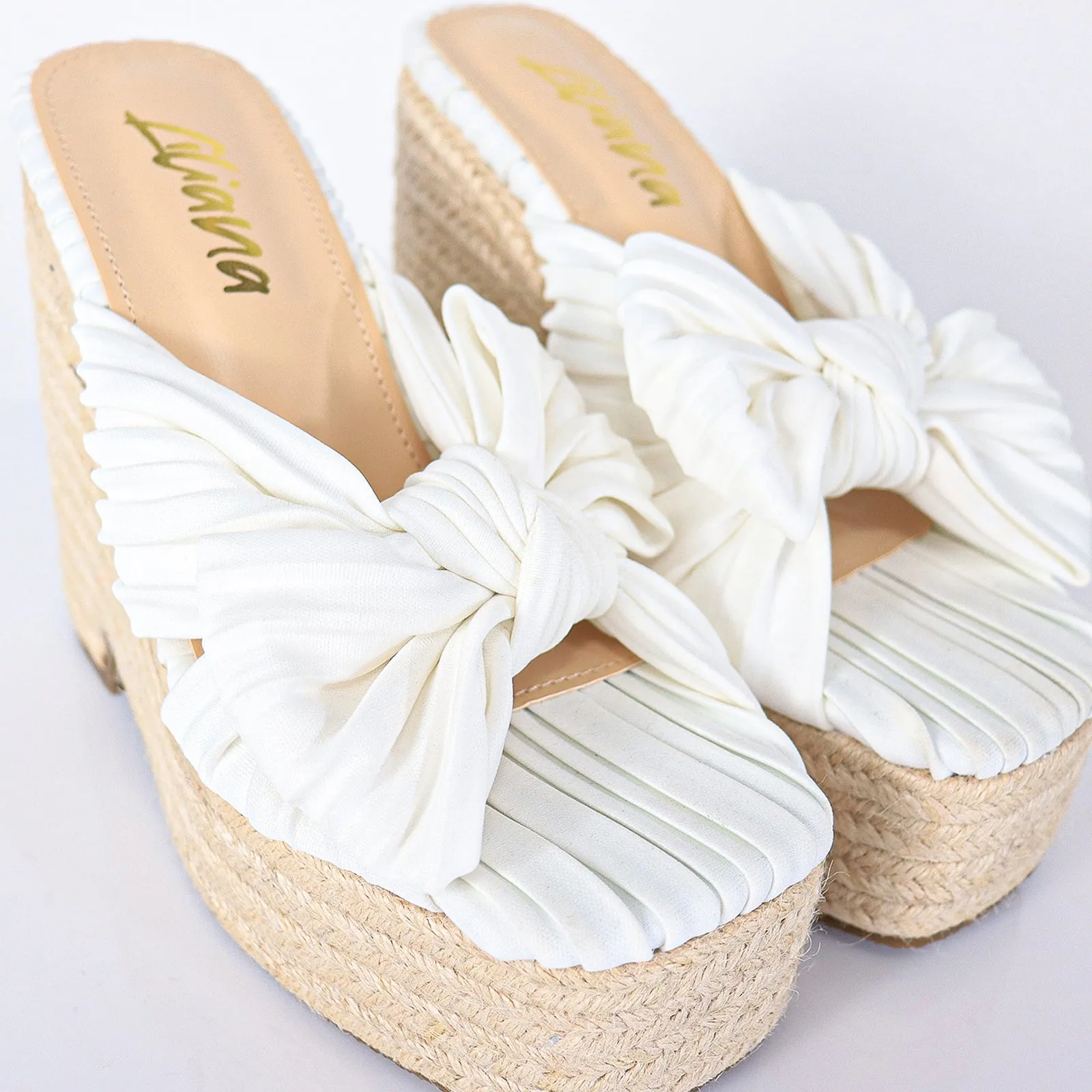 ELLY-1 PLEATED BOW SANDAL W/ ESPADDRILLE WEDGE - WHITE