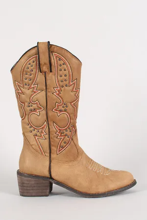 Embroidered Studded Almond Toe Cowboy Mid Calf Boot