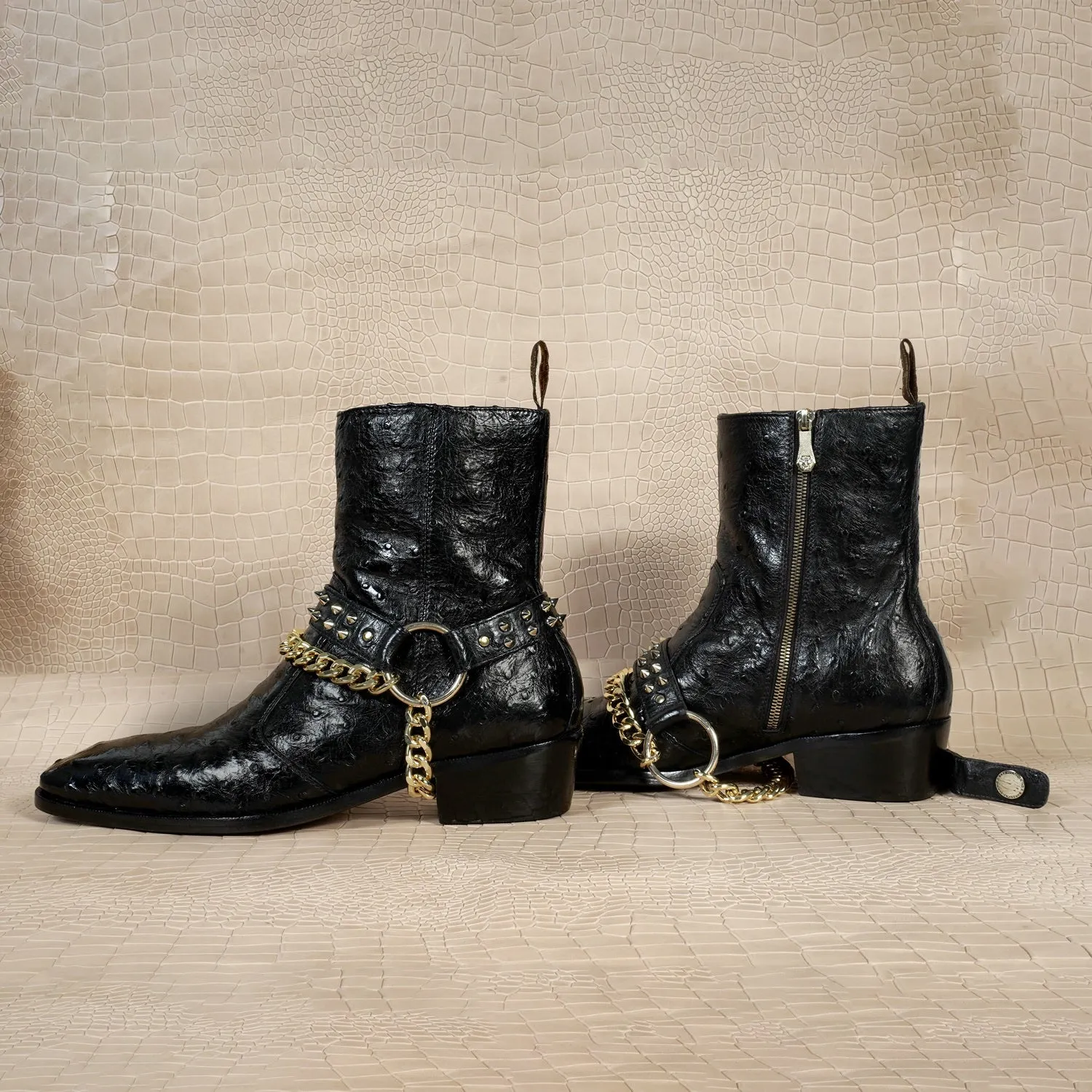 Exotic Black Ostrich Leather Cuban Boots with Removable Chain