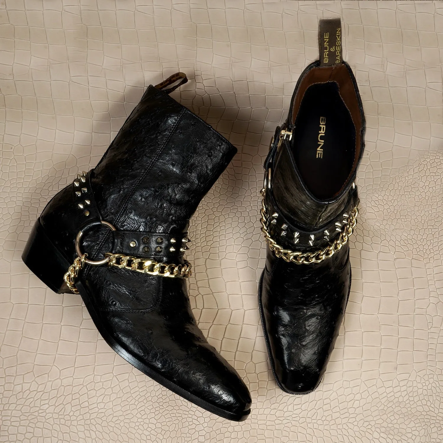 Exotic Black Ostrich Leather Cuban Boots with Removable Chain