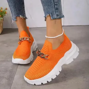 Fashion Chain Design Mesh Shoes For Women Breathable Casual Soft Sole Walking Sock Slip On Flat Chunky Sneakers Shoes for Women