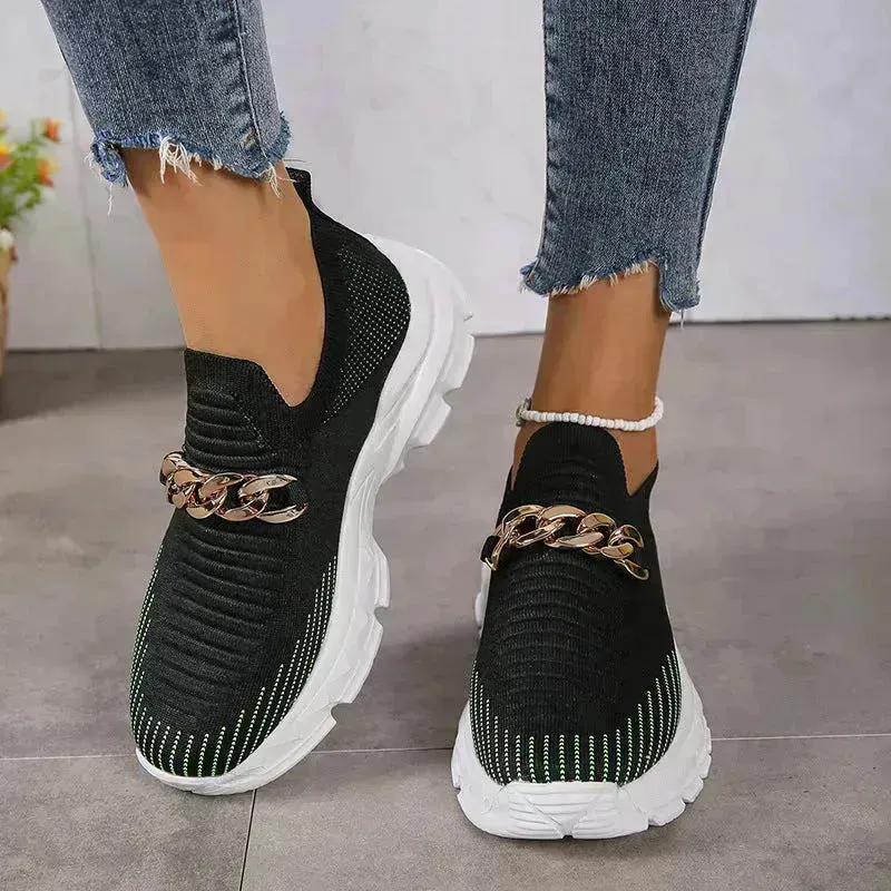 Fashion Chain Design Mesh Shoes For Women Breathable Casual Soft Sole Walking Sock Slip On Flat Chunky Sneakers Shoes for Women