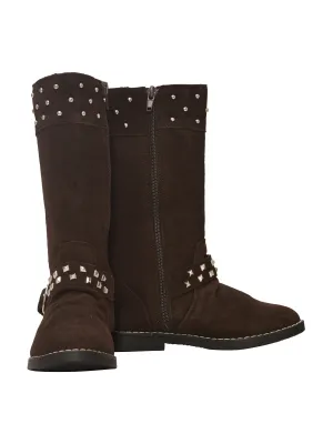 Girls Brown Suede Studded Buckle Long Boots 7 Toddler-4 Kids