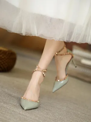 Green Pointed-Toe Studded Stiletto Heels