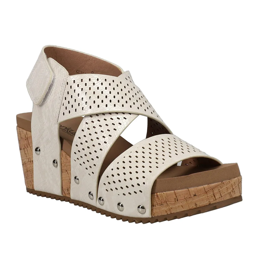 Guilty Pleasure Snake Print Studded Perforated Wedge Slingback Sandals