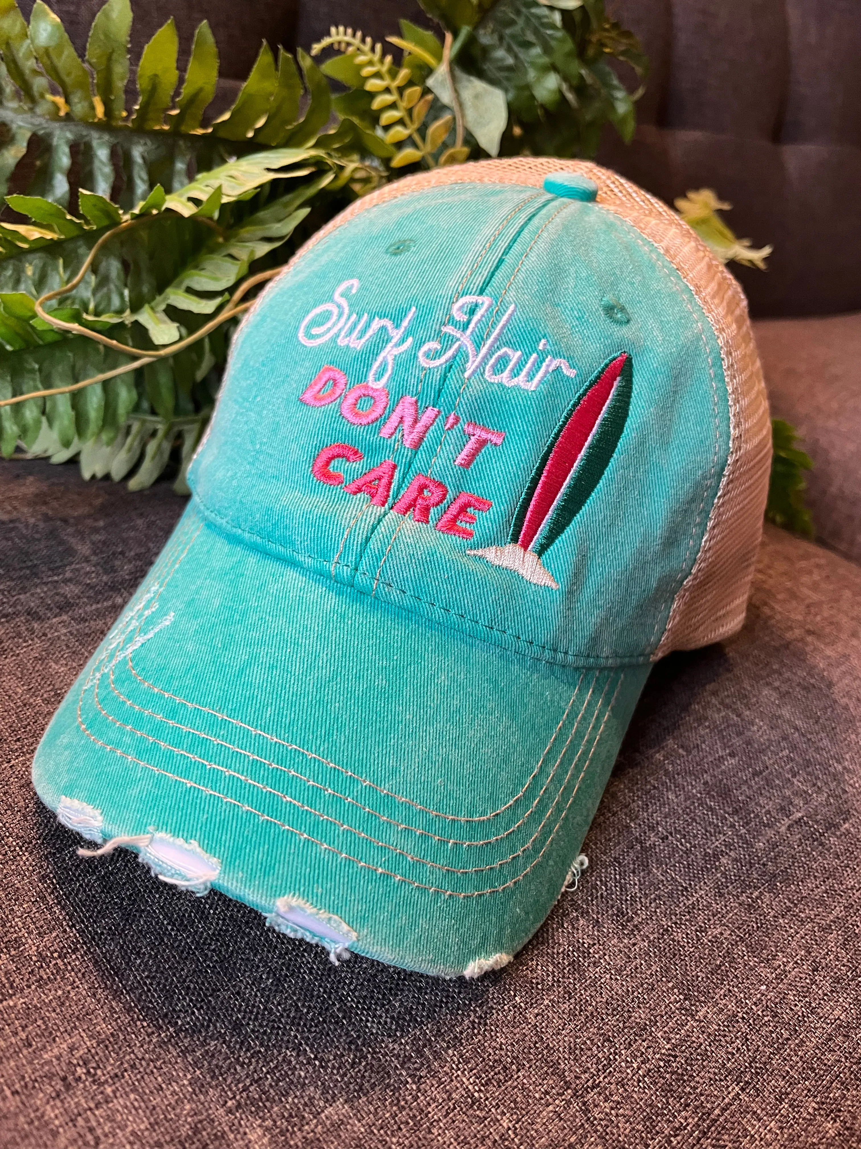 Hats Beach hair dont care Embroidered teal or pink flip flops distressed trucker cap Womens Sandals