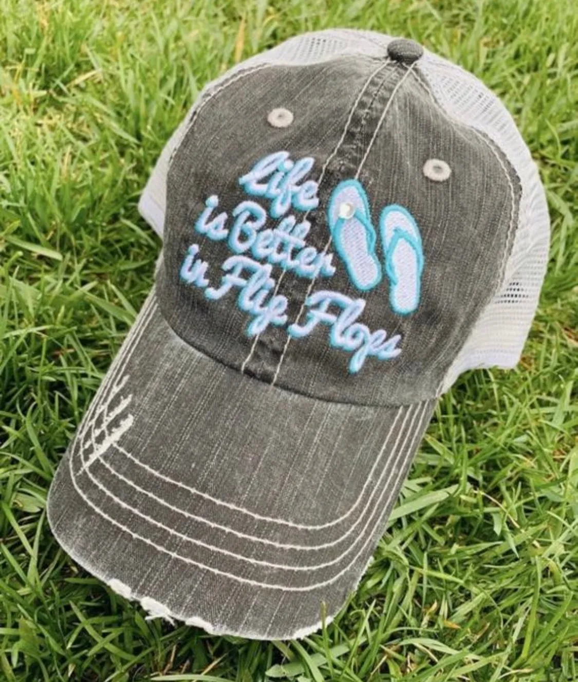 Hats Beach hair dont care Embroidered teal or pink flip flops distressed trucker cap Womens Sandals