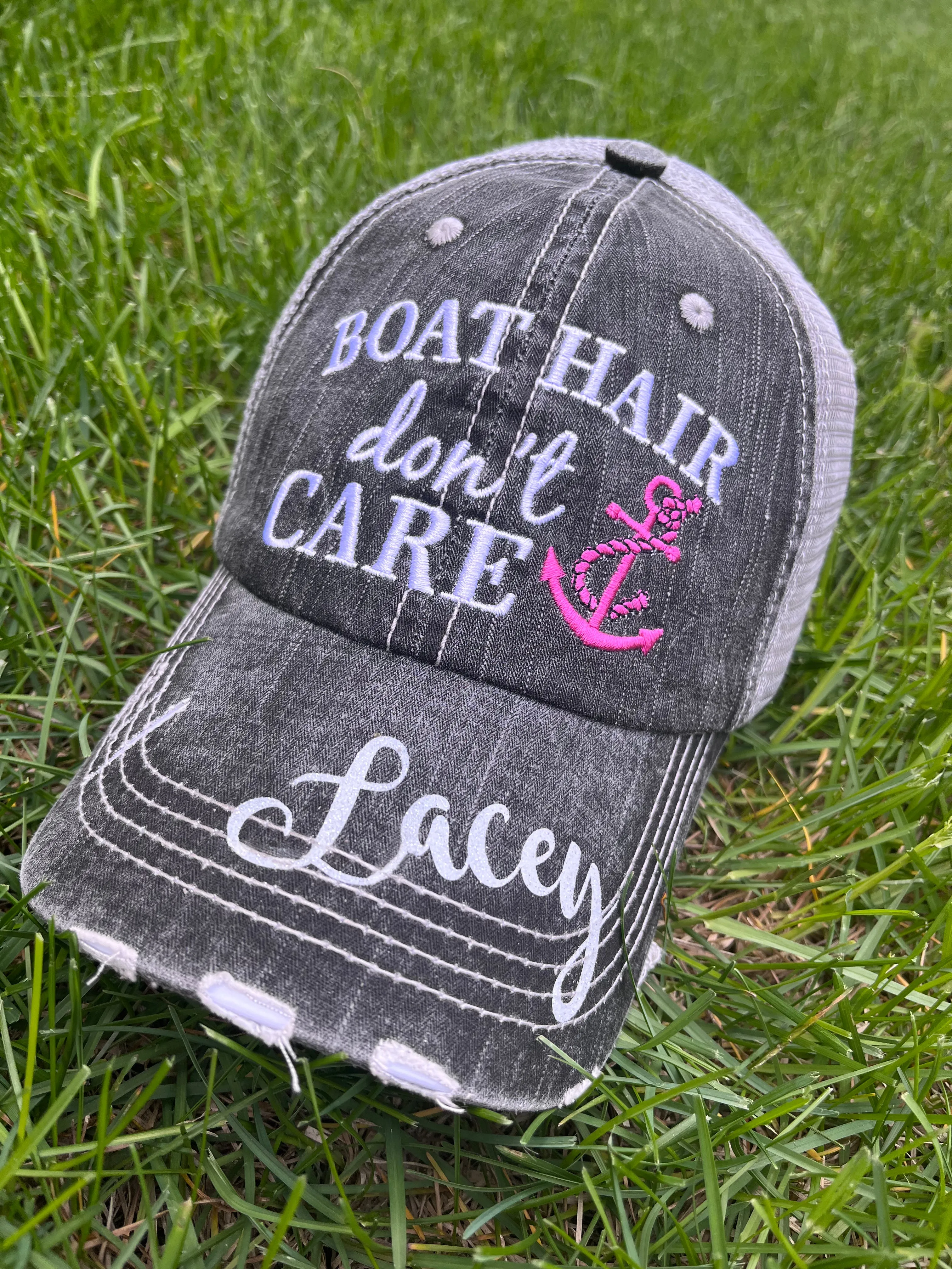 Hats Beach hair dont care Embroidered teal or pink flip flops distressed trucker cap Womens Sandals