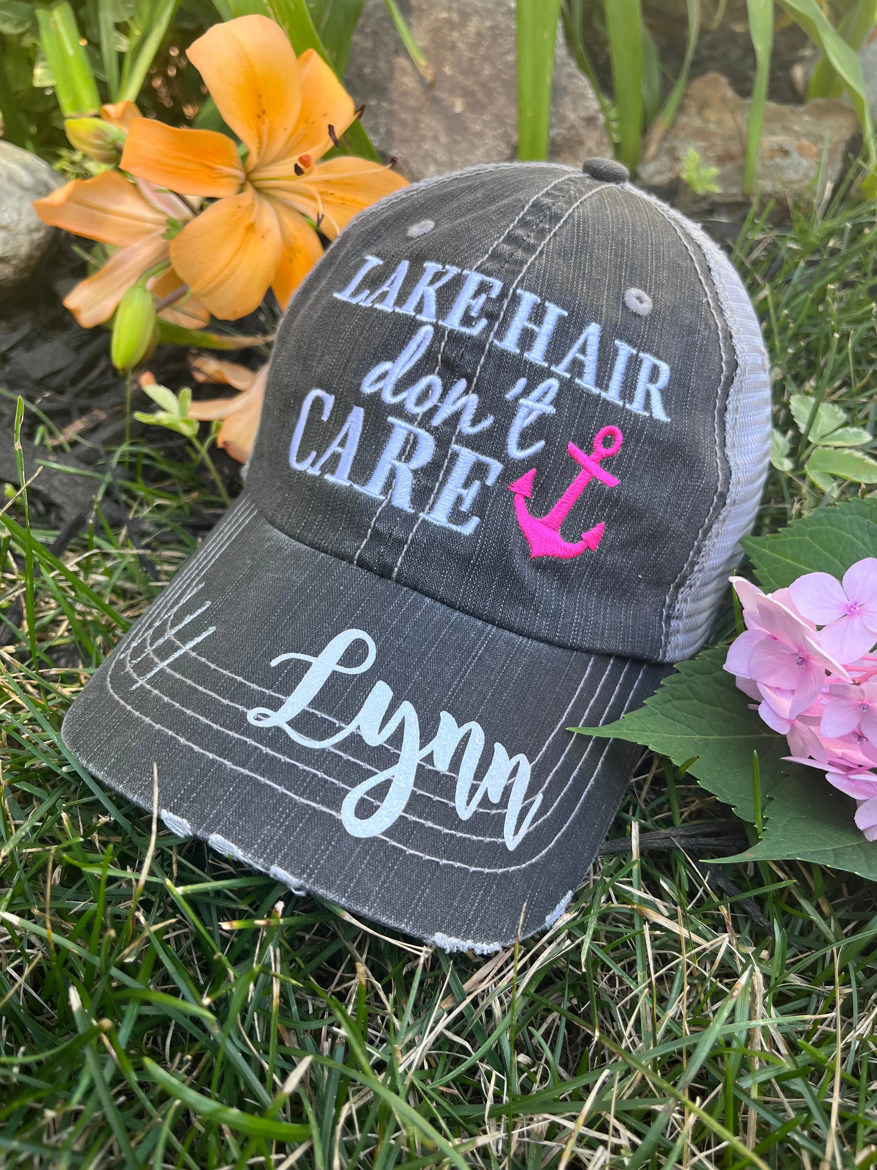 Hats Beach hair dont care Embroidered teal or pink flip flops distressed trucker cap Womens Sandals