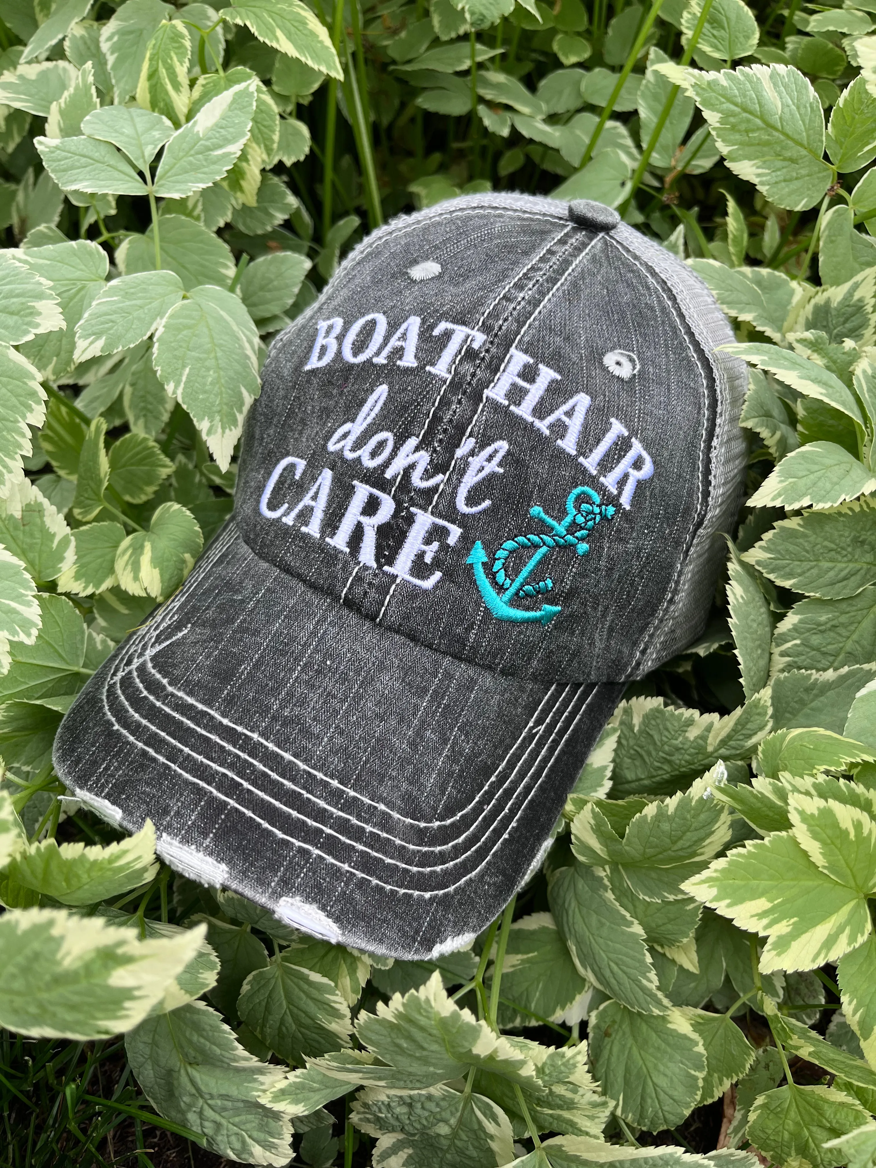 Hats Beach hair dont care Embroidered teal or pink flip flops distressed trucker cap Womens Sandals