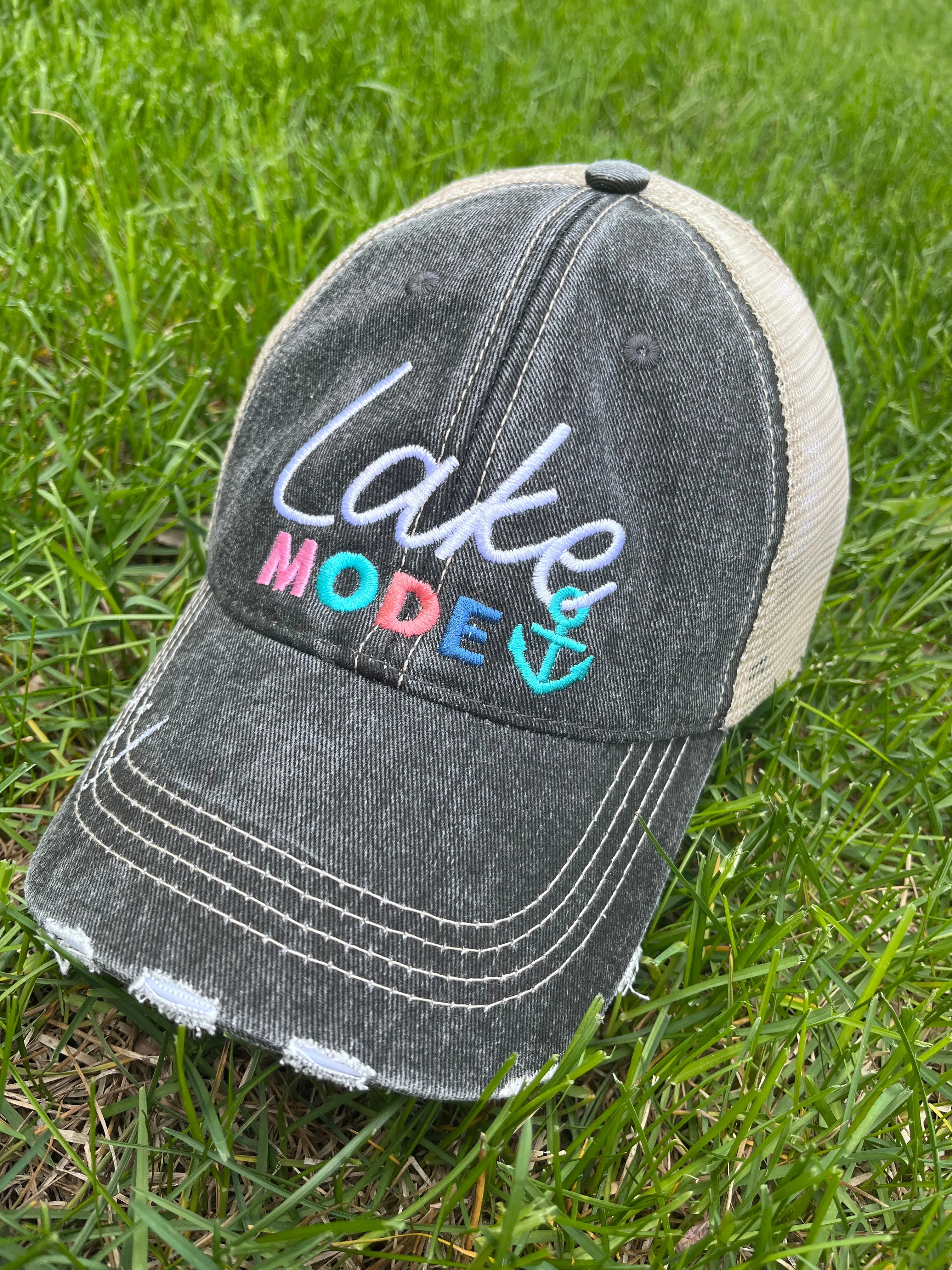 Hats Beach hair dont care Embroidered teal or pink flip flops distressed trucker cap Womens Sandals