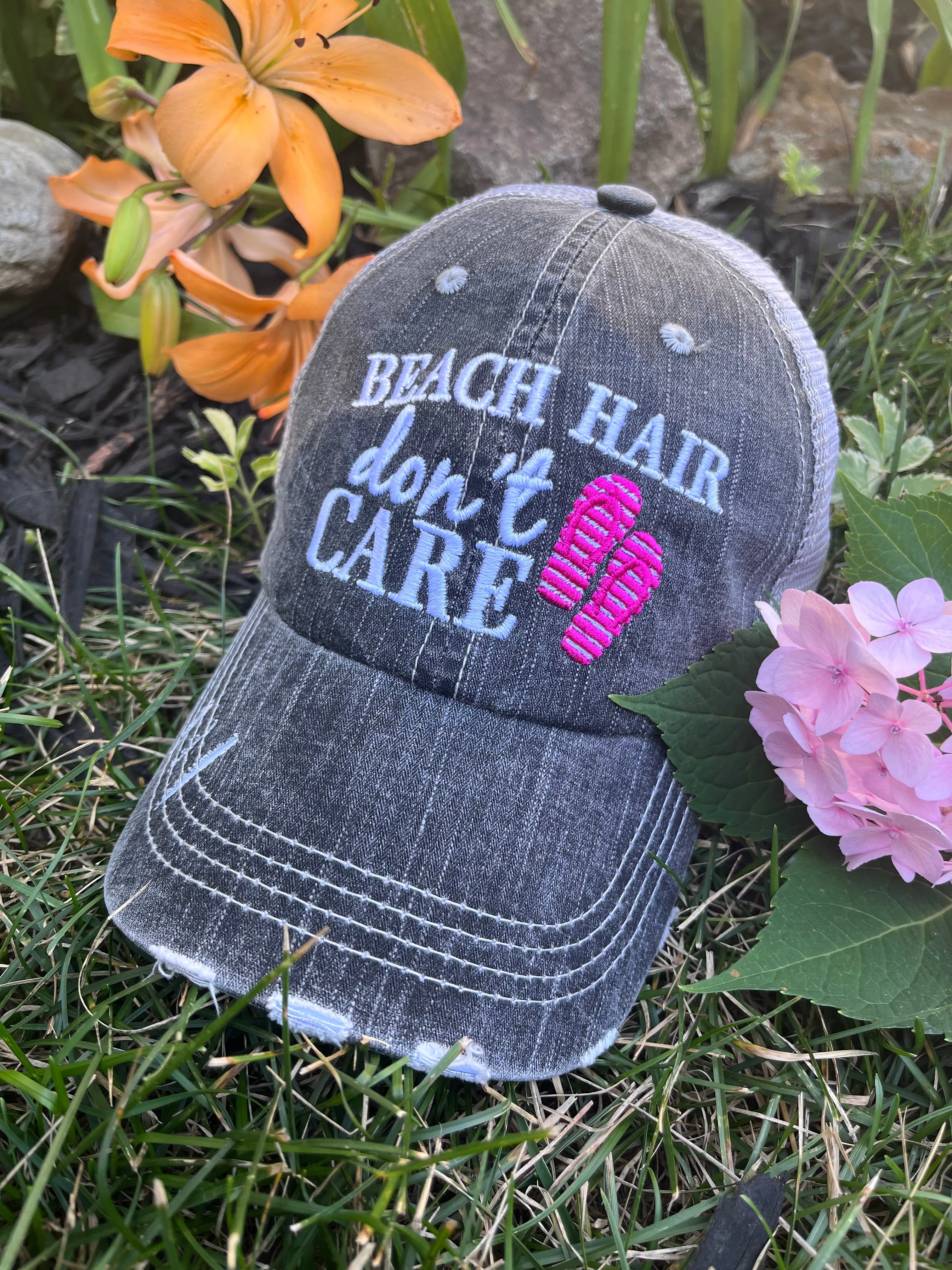 Hats Beach hair dont care Embroidered teal or pink flip flops distressed trucker cap Womens Sandals