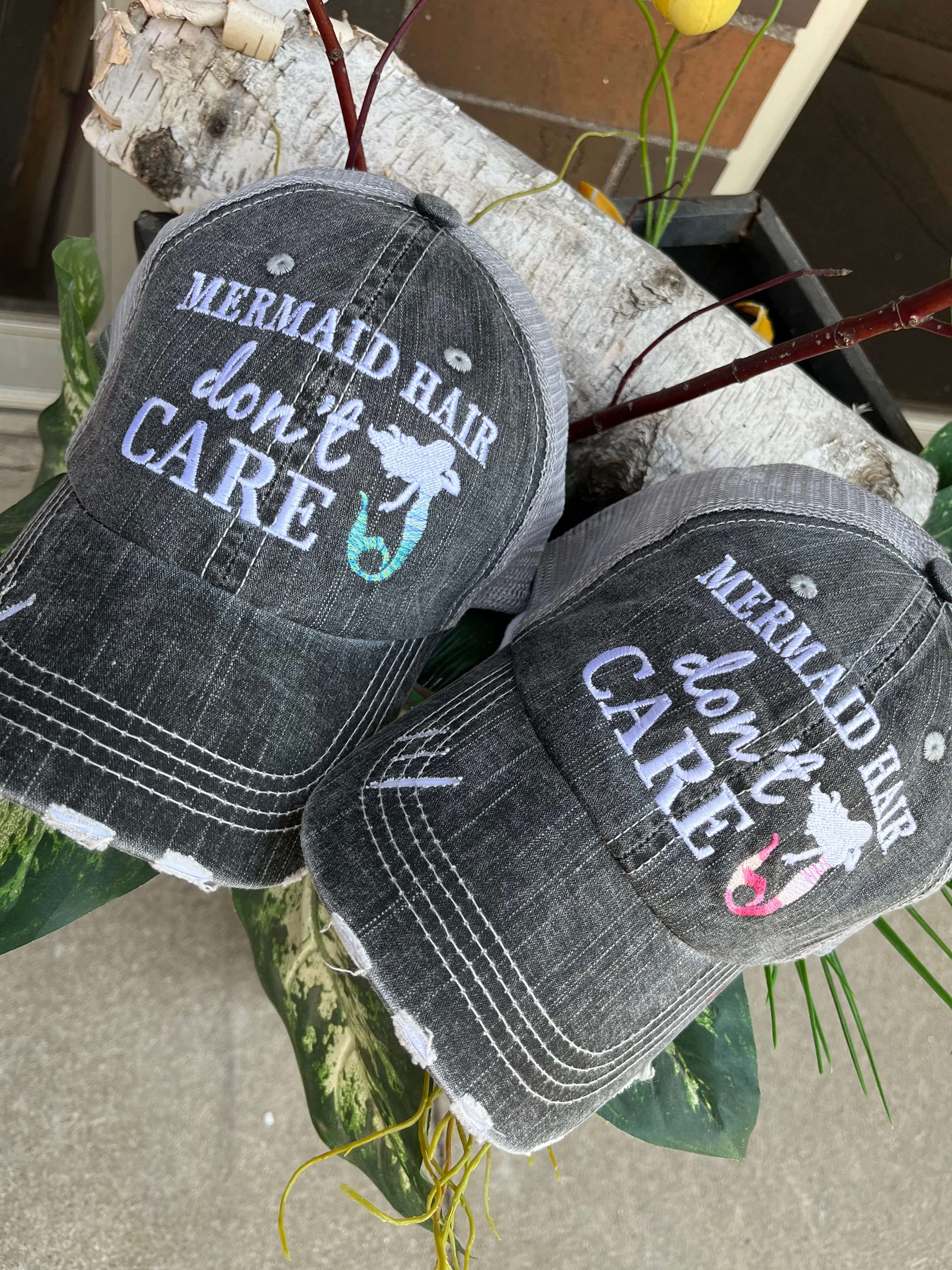 Hats Beach hair dont care Embroidered teal or pink flip flops distressed trucker cap Womens Sandals