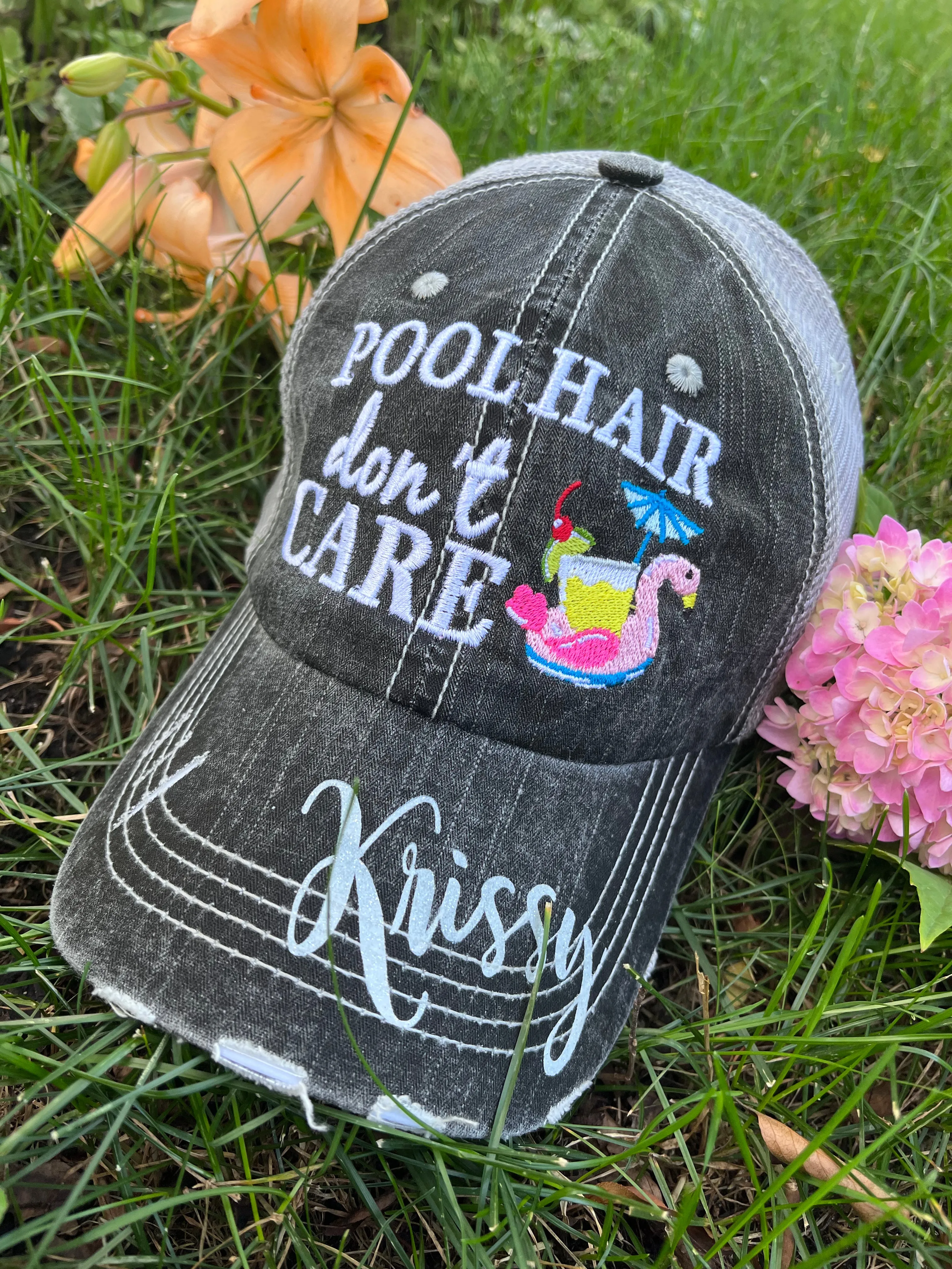 Hats Beach hair dont care Embroidered teal or pink flip flops distressed trucker cap Womens Sandals