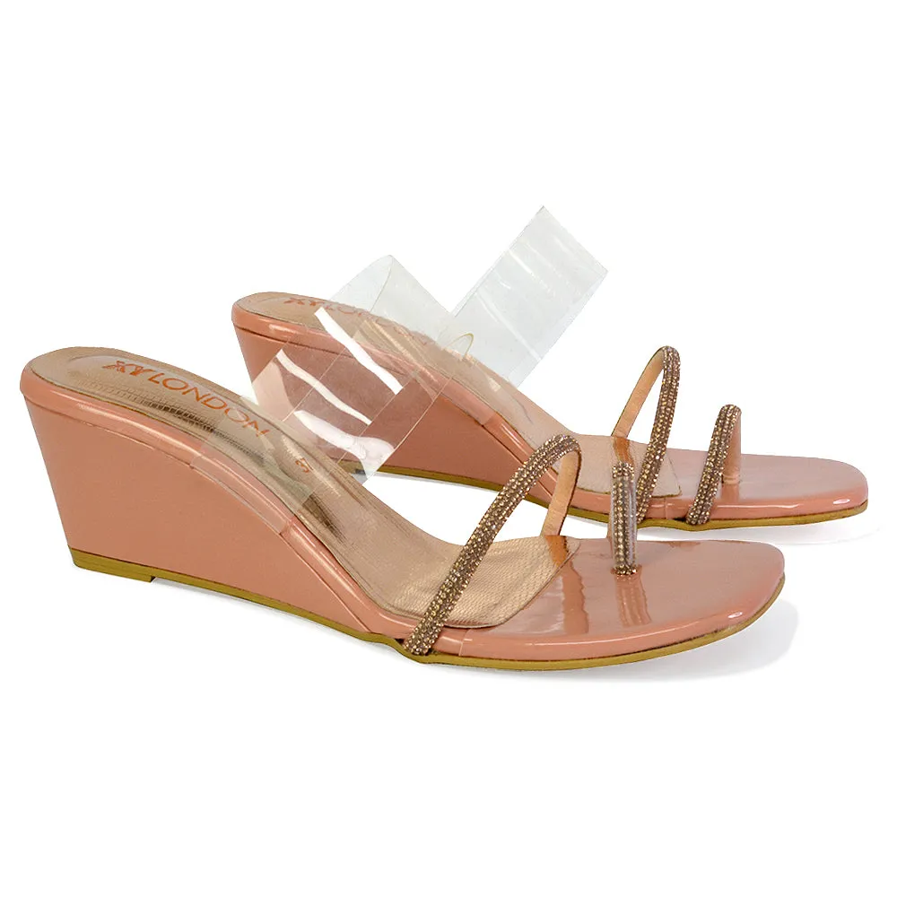 Hayes Perspex Strappy Toe Post Diamante Wedge Heel Sandals in Beige