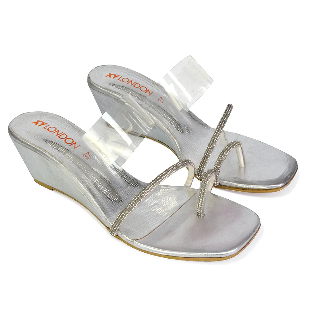 Hayes Perspex Strappy Toe Post Diamante Wedge Heel Sandals in Beige