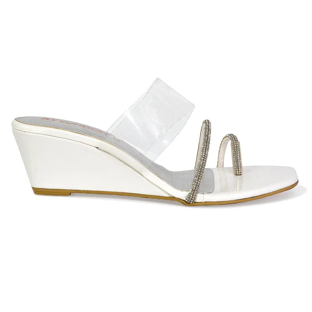 Hayes Perspex Strappy Toe Post Diamante Wedge Heel Sandals in Beige