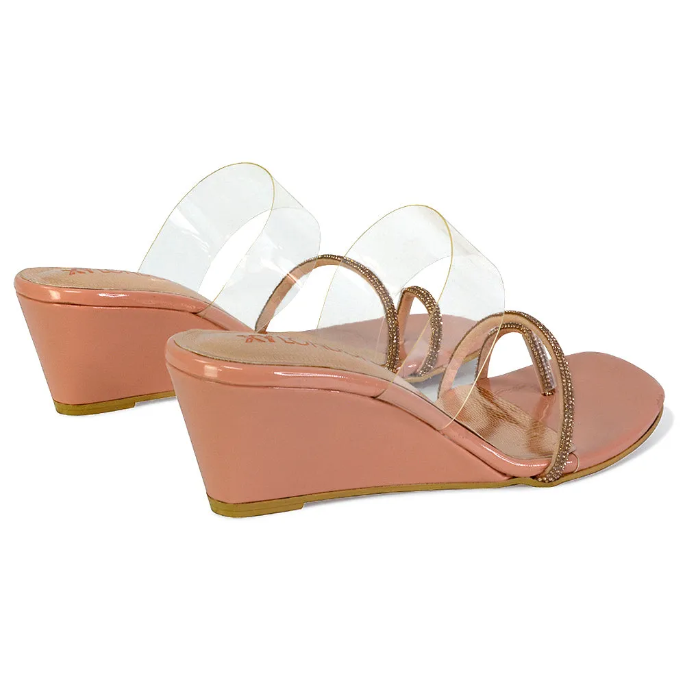 Hayes Perspex Strappy Toe Post Diamante Wedge Heel Sandals in Beige