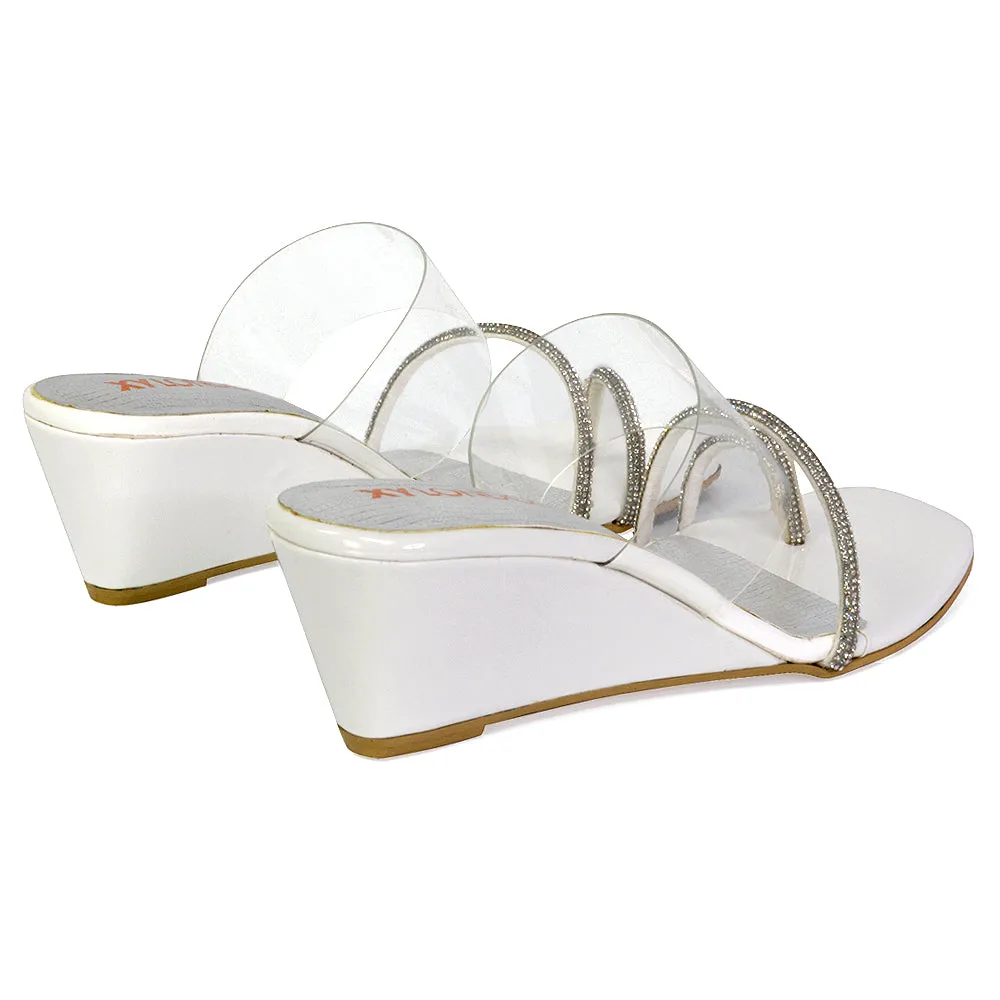 Hayes Perspex Strappy Toe Post Diamante Wedge Heel Sandals in Beige