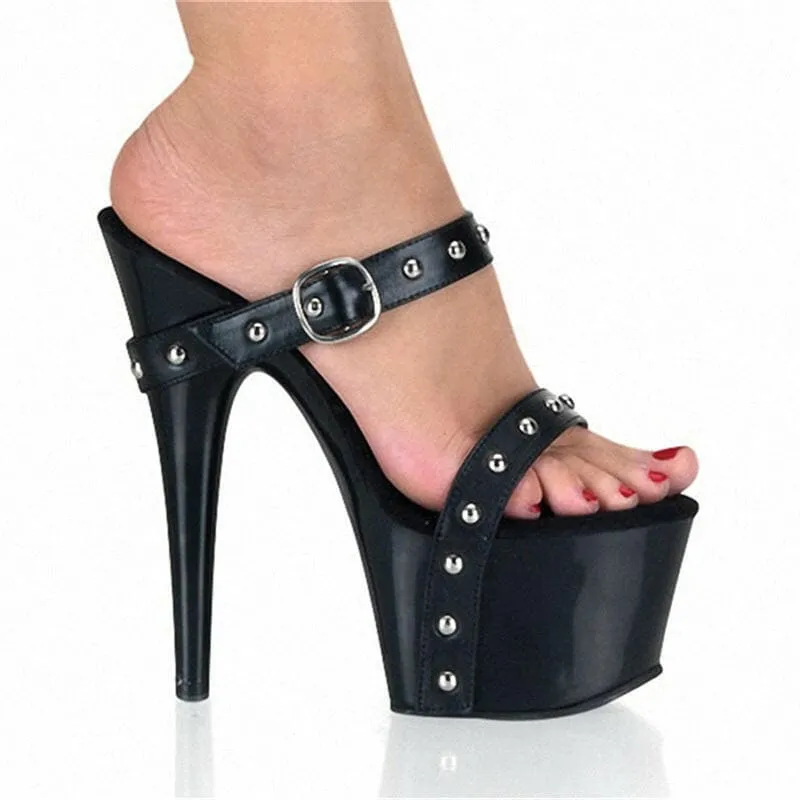 High Heel Rivet Sandals with Studded Straps for Ladies