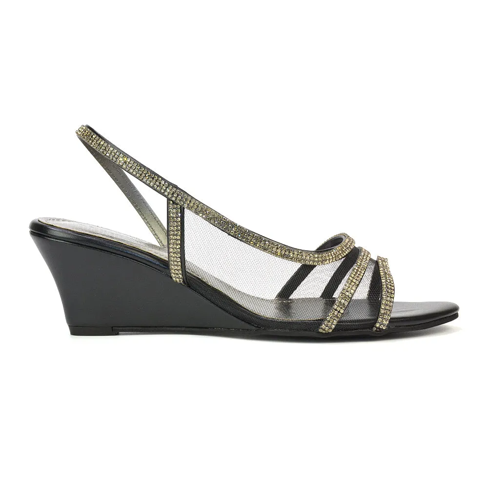 Indy Strappy Diamante Sandal Wedge Heels with Mesh in Black