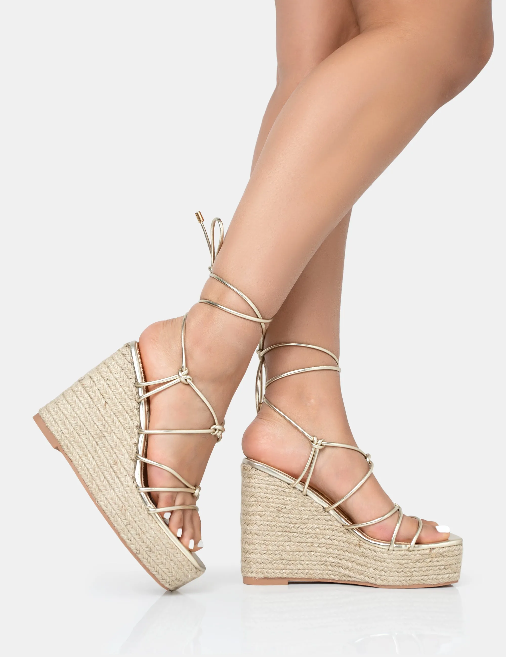 Islander Gold Lace Up Square Toe High Heeled Sandal Esparille Wedges