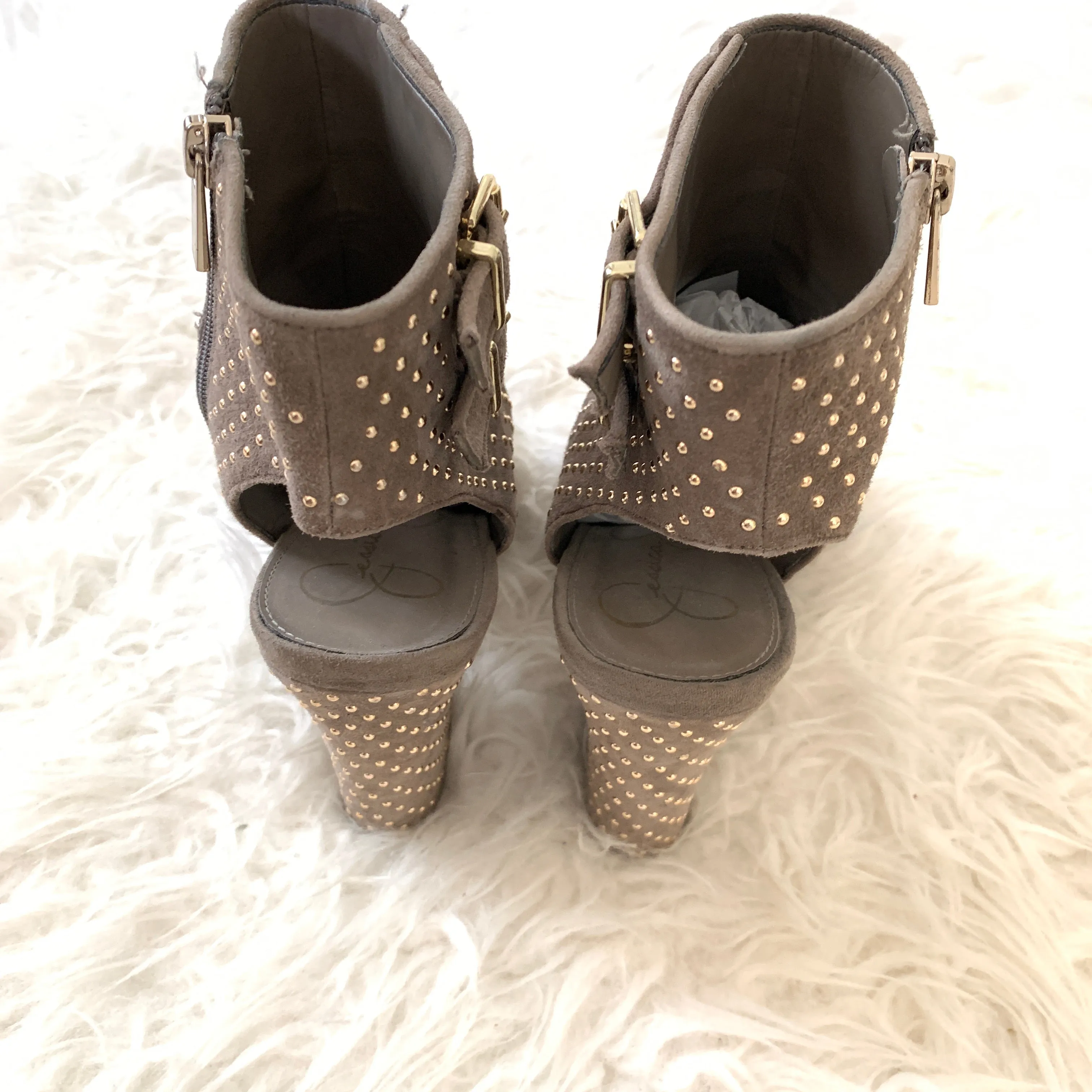 Jessica Simpson Grey Suede Studded Peep Toe Bootie- Size 9