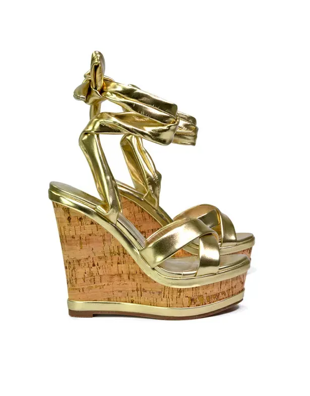 Kammie Lace Up Strappy Cork Wedge Heel Sandals Platform Shoes in Gold