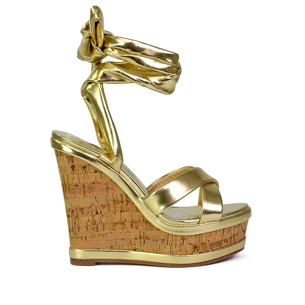 Kammie Lace Up Strappy Cork Wedge Heel Sandals Platform Shoes in Gold