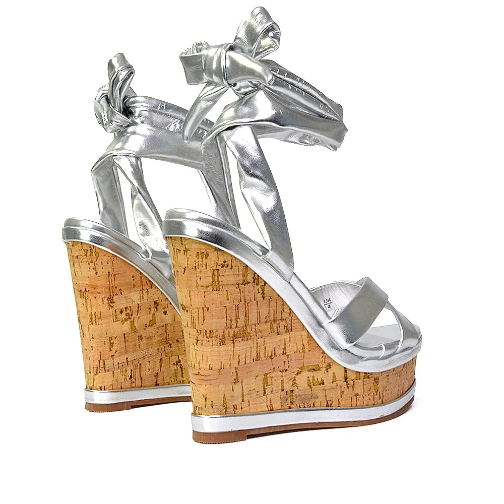 Kammie Lace Up Strappy Cork Wedge Heel Sandals Platform Shoes in Gold