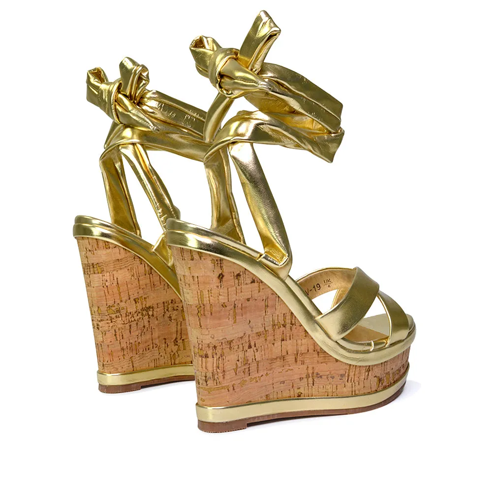 Kammie Lace Up Strappy Cork Wedge Heel Sandals Platform Shoes in Gold